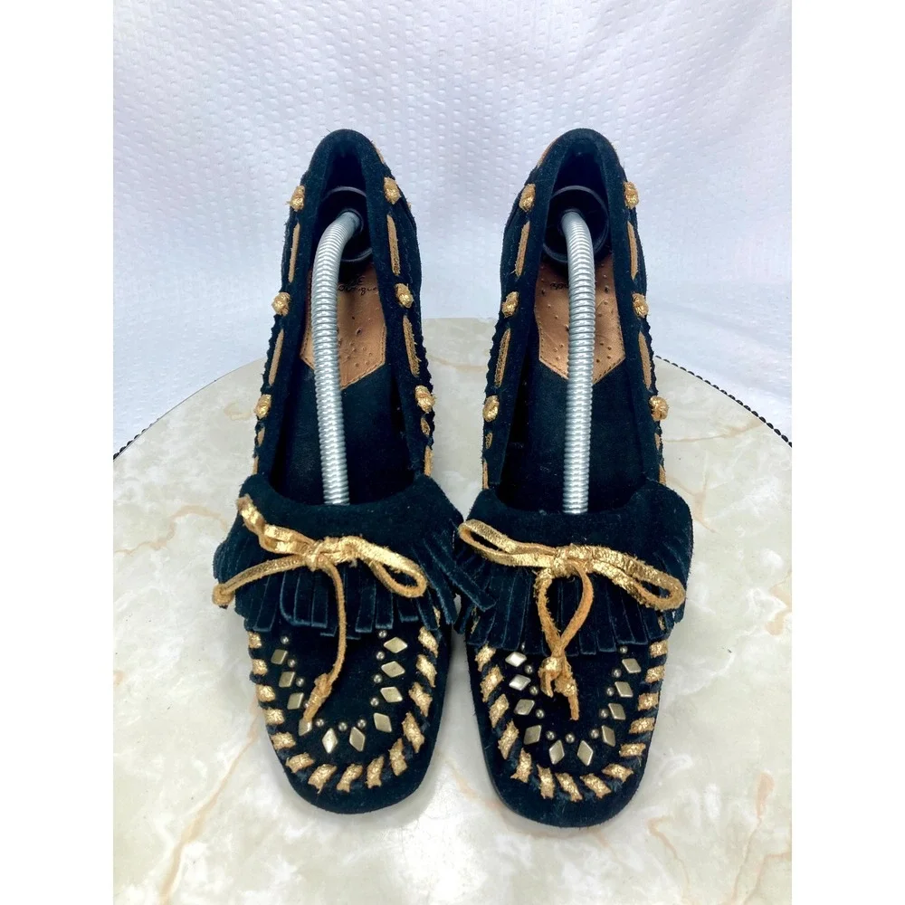 Sam Edelman Studded Fringe Moccasin Wedge Heels Womens 7.5 Black Leather Western